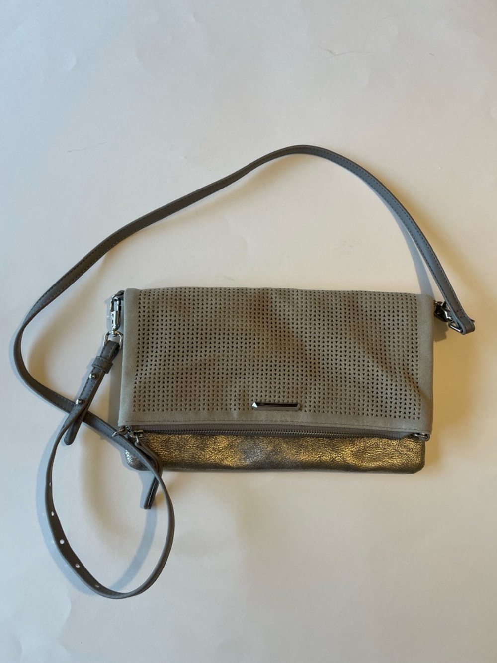 Stella & Dot Taupe Fold-Over Crossbody with Metallic Accent